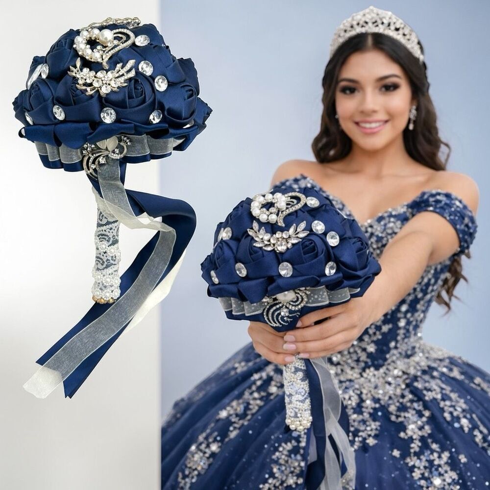 Handmade Womens Satin Crystals Lace Trim Wedding Bridal Brooch Bouquet Navy OS